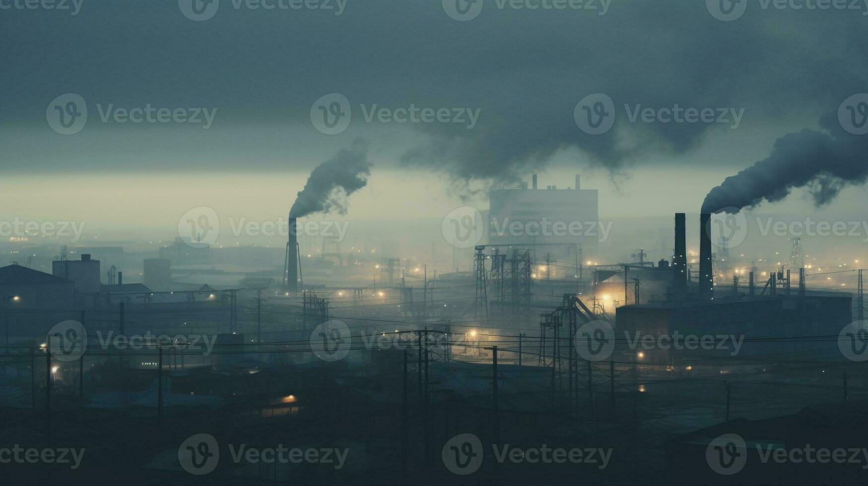ai generado un foto de un paisaje urbano envuelto en temprano Mañana niebla y fábrica fumar. generativo ai