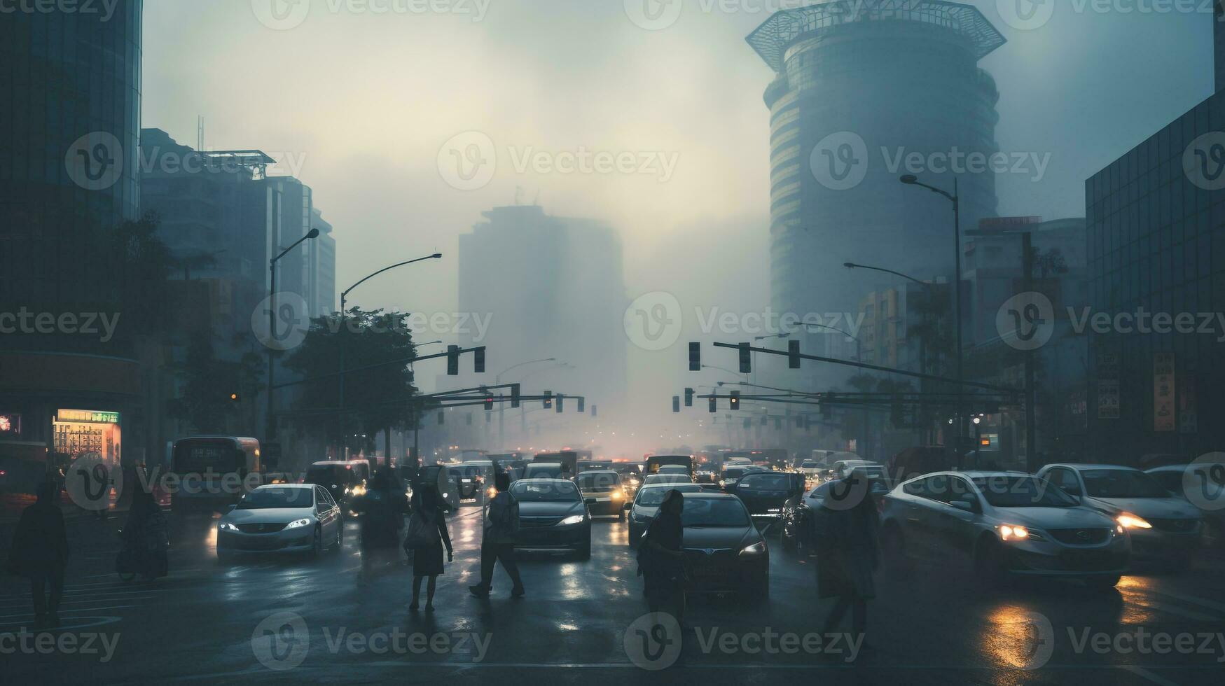 AI generated A photo of a busy urban intersection enveloped in smog and pollution. Generative AI