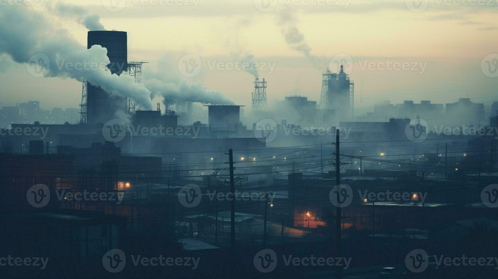 ai generado un foto de un paisaje urbano envuelto en temprano Mañana niebla y fábrica fumar. generativo ai