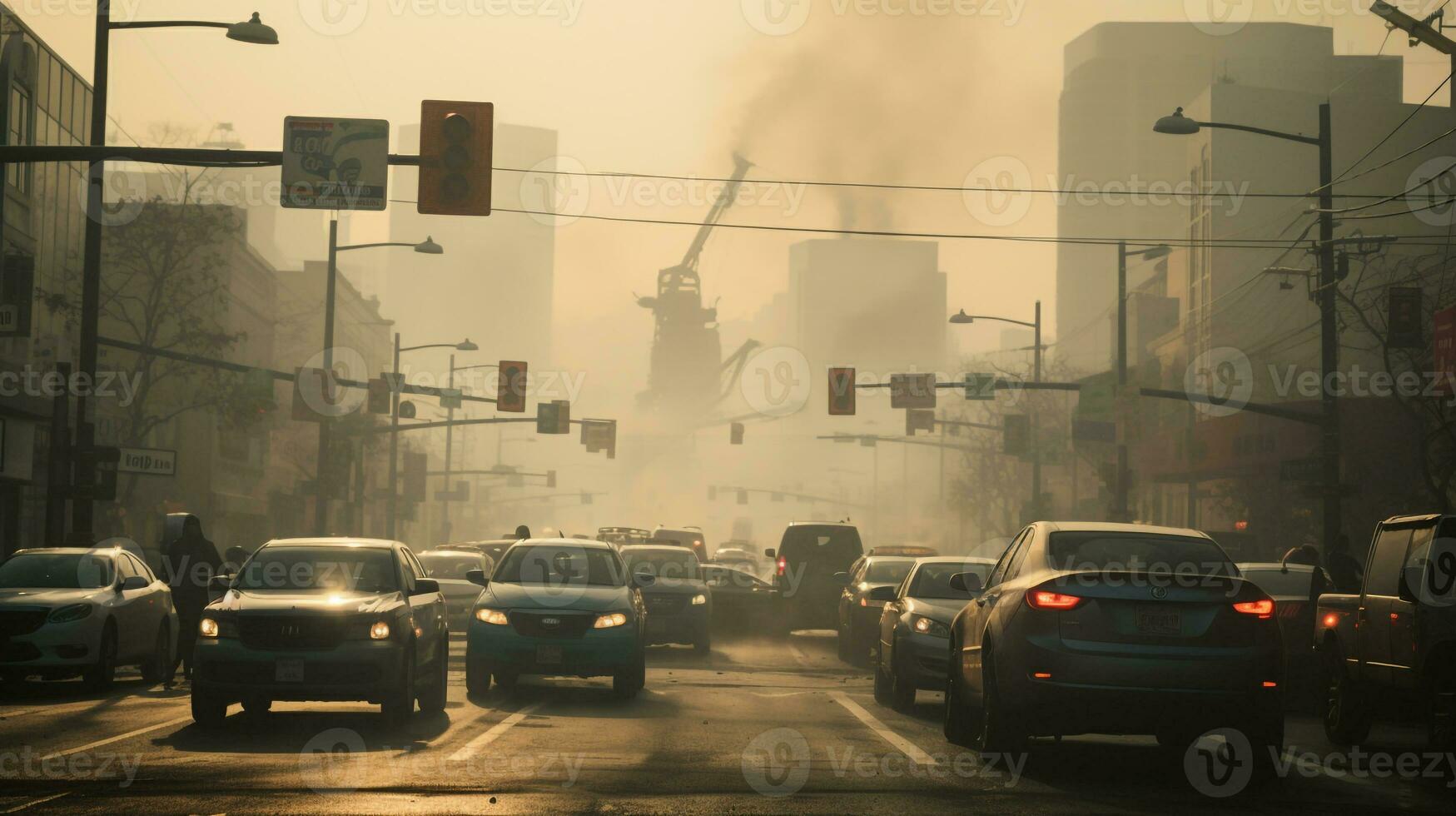 ai generado un foto de un ocupado urbano intersección envuelto en niebla tóxica y contaminación. generativo ai