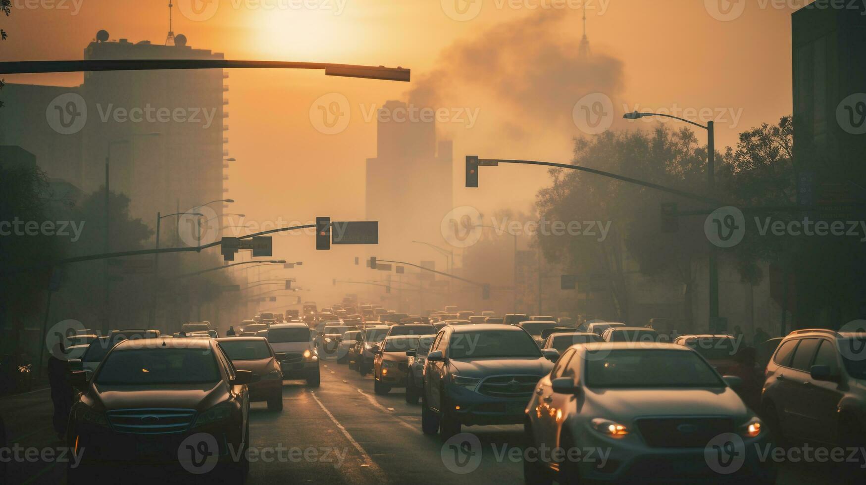 AI generated A photo of a busy urban intersection enveloped in smog and pollution. Generative AI