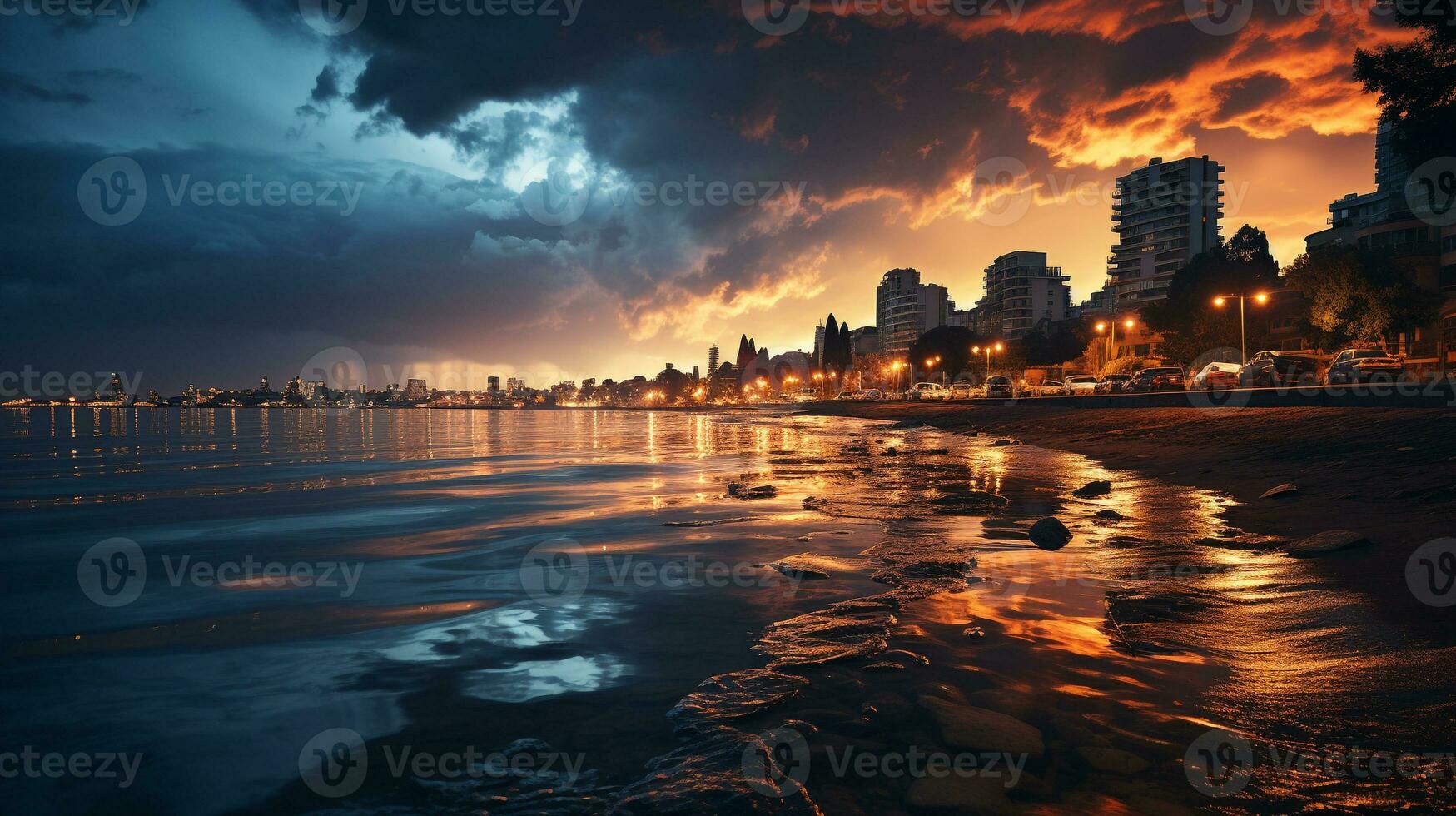 AI generated a photo of a coastal city's skyline partially submerged due to rising sea levels during a storm. Generative AI