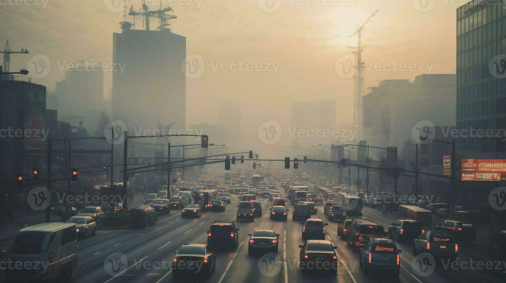 AI generated A photo of a busy urban intersection enveloped in smog and pollution. Generative AI