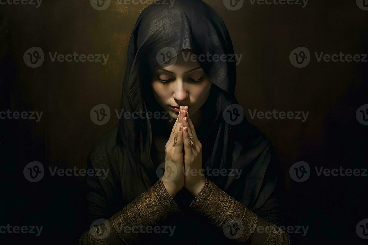 AI generated A woman praying in a darkened room photo