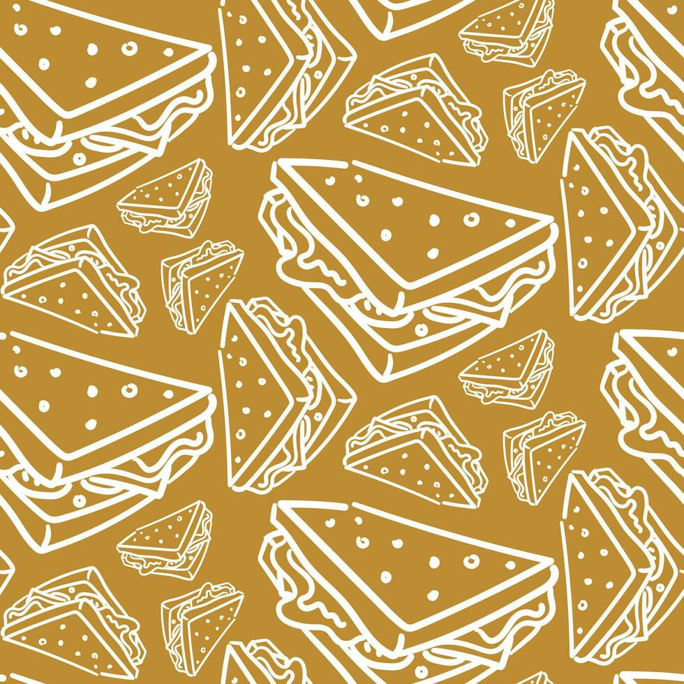 Vector seamless pattern with hand-drawn white linear sandwiches on orange. Food design elements, ideal for any business related to the food industry. Printing on textiles and paper. packaging products