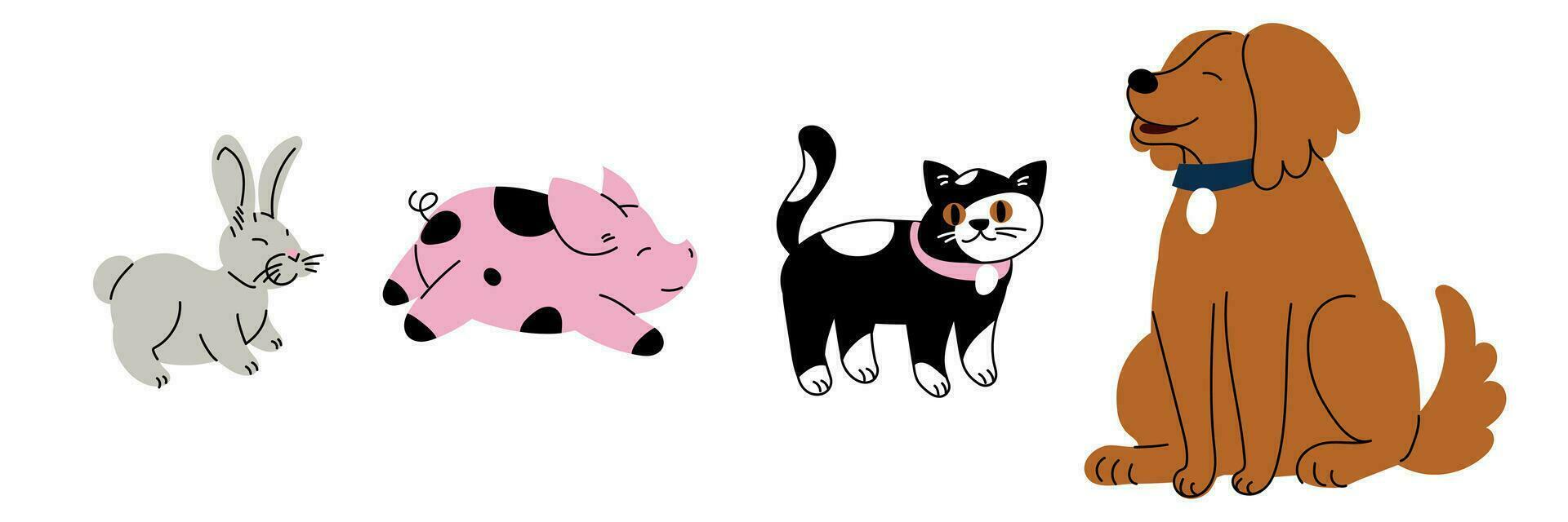 A set of animals dog, pig, cat, rabbit isolated on a white background. Flat vector illustration. Colorful pets. Cute fluffy animals