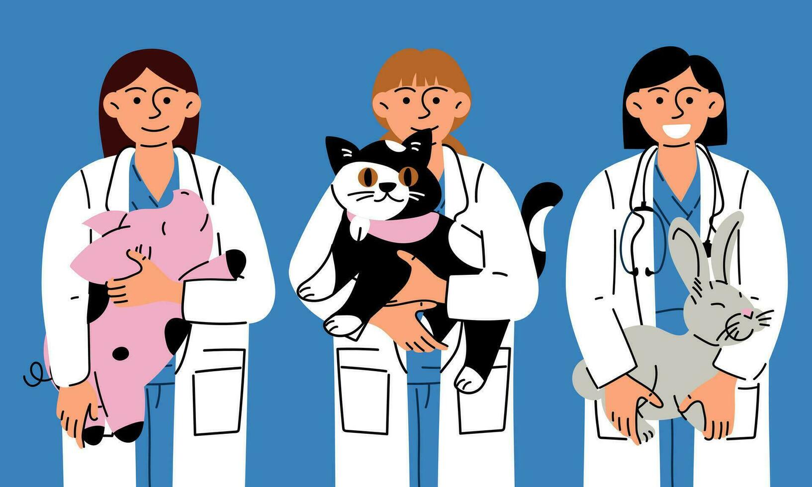 Happy veterinarians with a happy variety of pets in their arms. Vector illustration of animal care. Flat style. Veterinarian girls with animals pig, rabbit, cat. International Veterinarian's Day