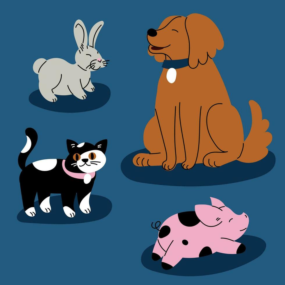 A set of animals dog, pig, cat, rabbit isolated on a blue background. Flat vector illustration. Colorful pets. Cute fluffy animals