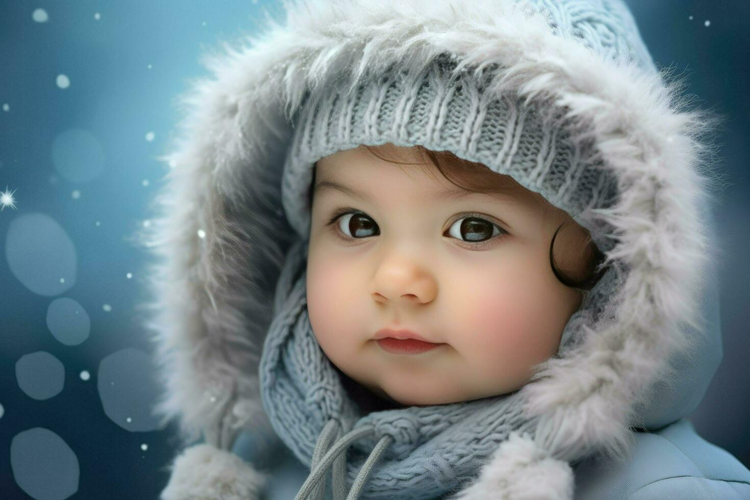 ai generado un linda niña en el nieve , un linda pequeño niña es vistiendo un peludo sombrero y bufanda en invierno ai generado foto