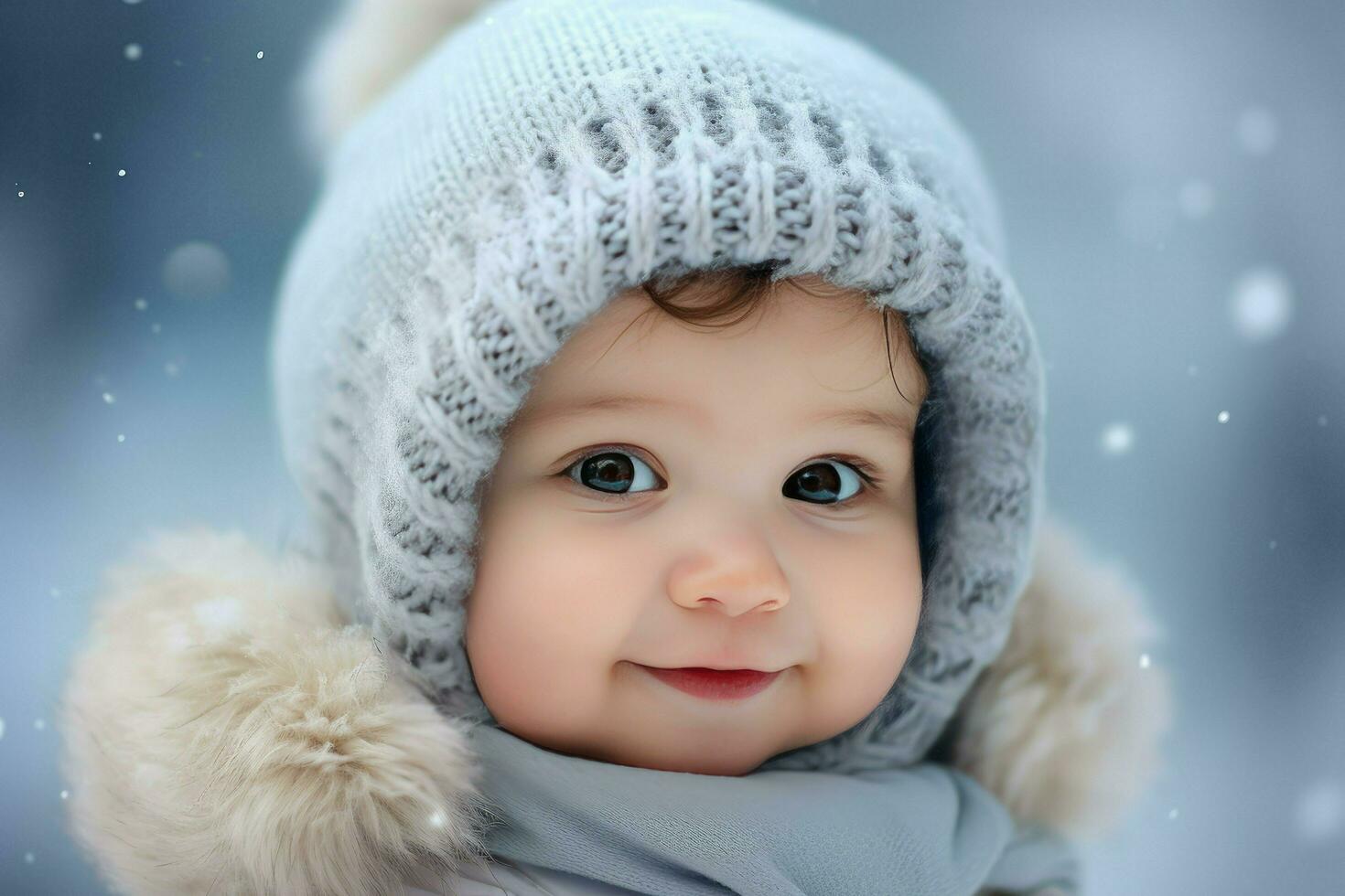 ai generado un linda niña en el nieve , un linda pequeño niña es vistiendo un peludo sombrero y bufanda en invierno ai generado foto