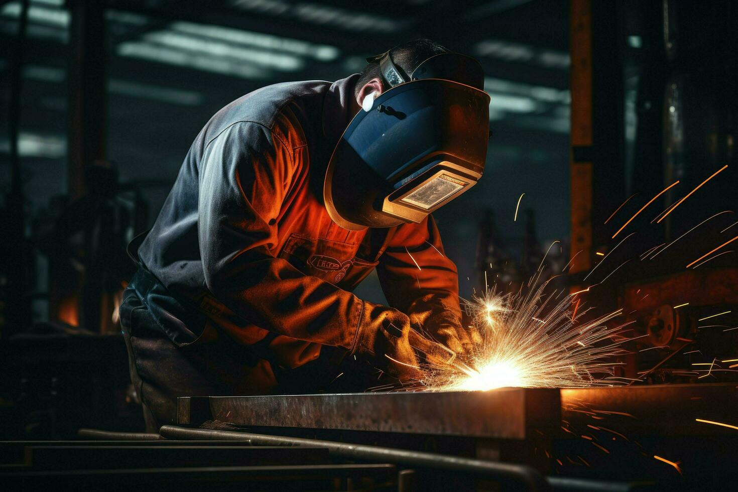 AI generated welder is welding metal, Building welder in a safety helmet welding a steel structure at a construction site Ai generated photo