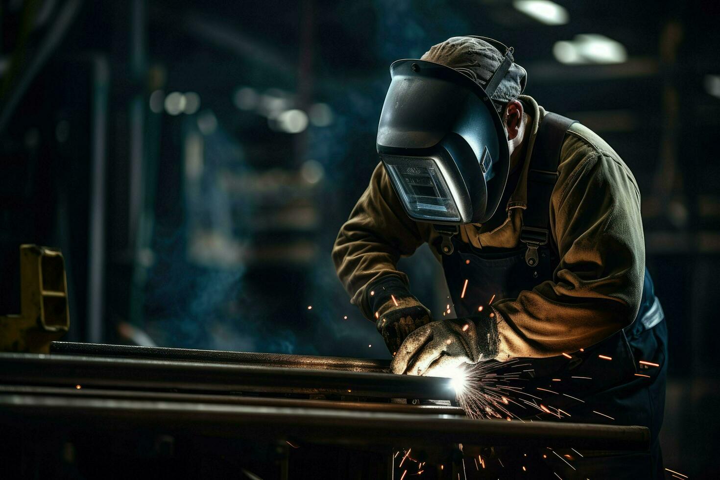 AI generated welder is welding metal, Building welder in a safety helmet welding a steel structure at a construction site Ai generated photo