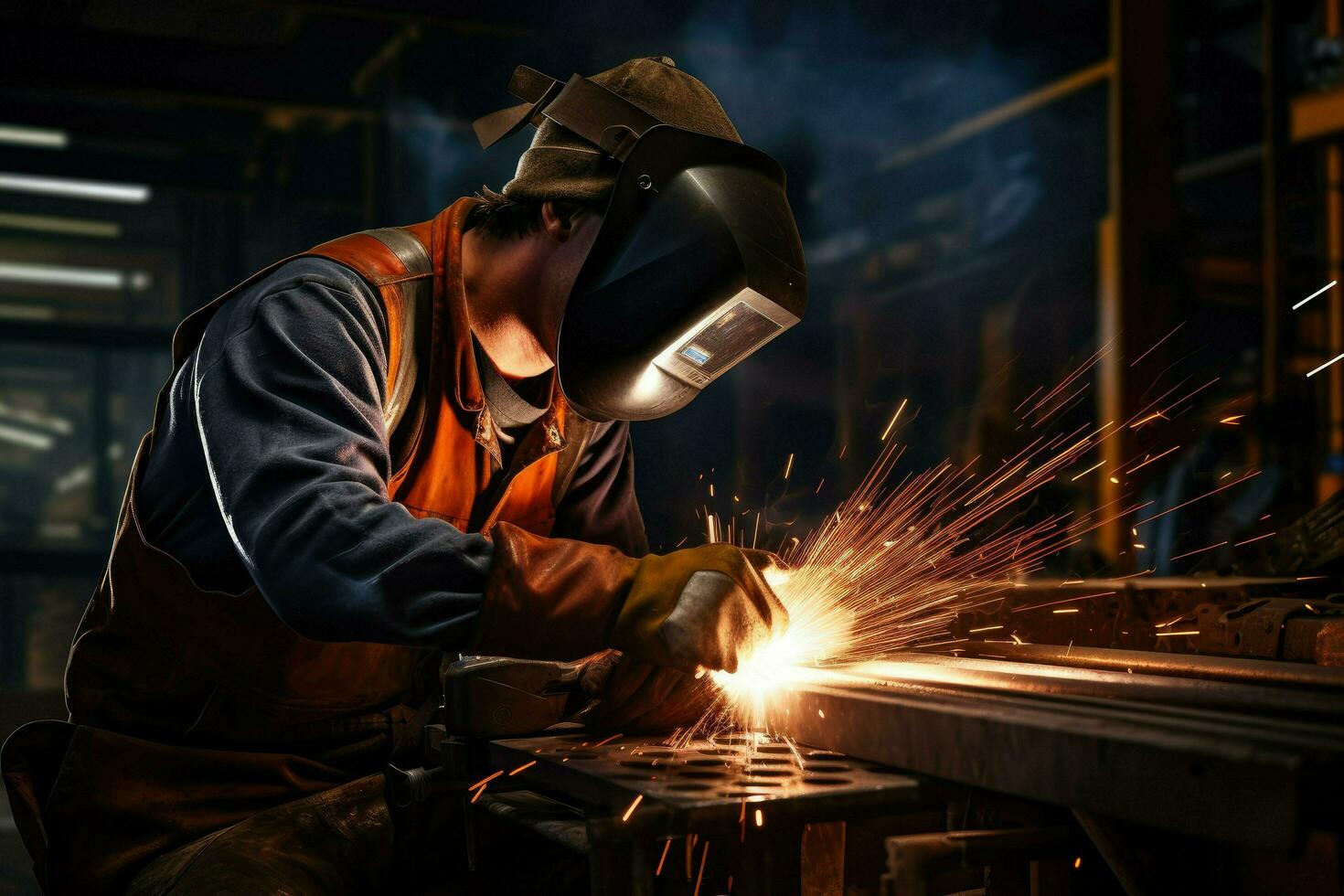 AI generated welder is welding metal, Building welder in a safety helmet welding a steel structure at a construction site Ai generated photo