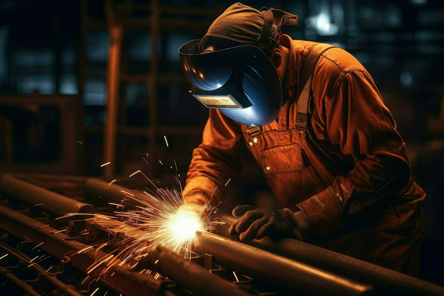 AI generated welder is welding metal, Building welder in a safety ...