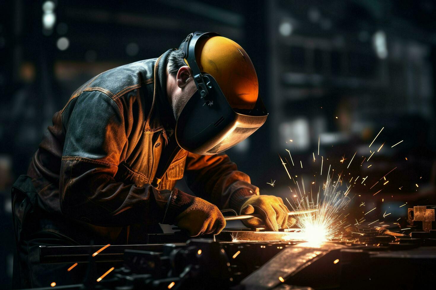 AI generated welder is welding metal, Building welder in a safety helmet welding a steel structure at a construction site Ai generated photo