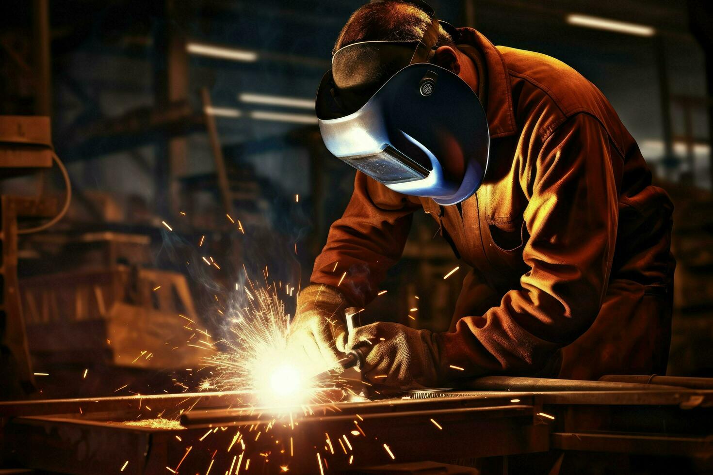 AI generated welder is welding metal, Building welder in a safety helmet welding a steel structure at a construction site Ai generated photo