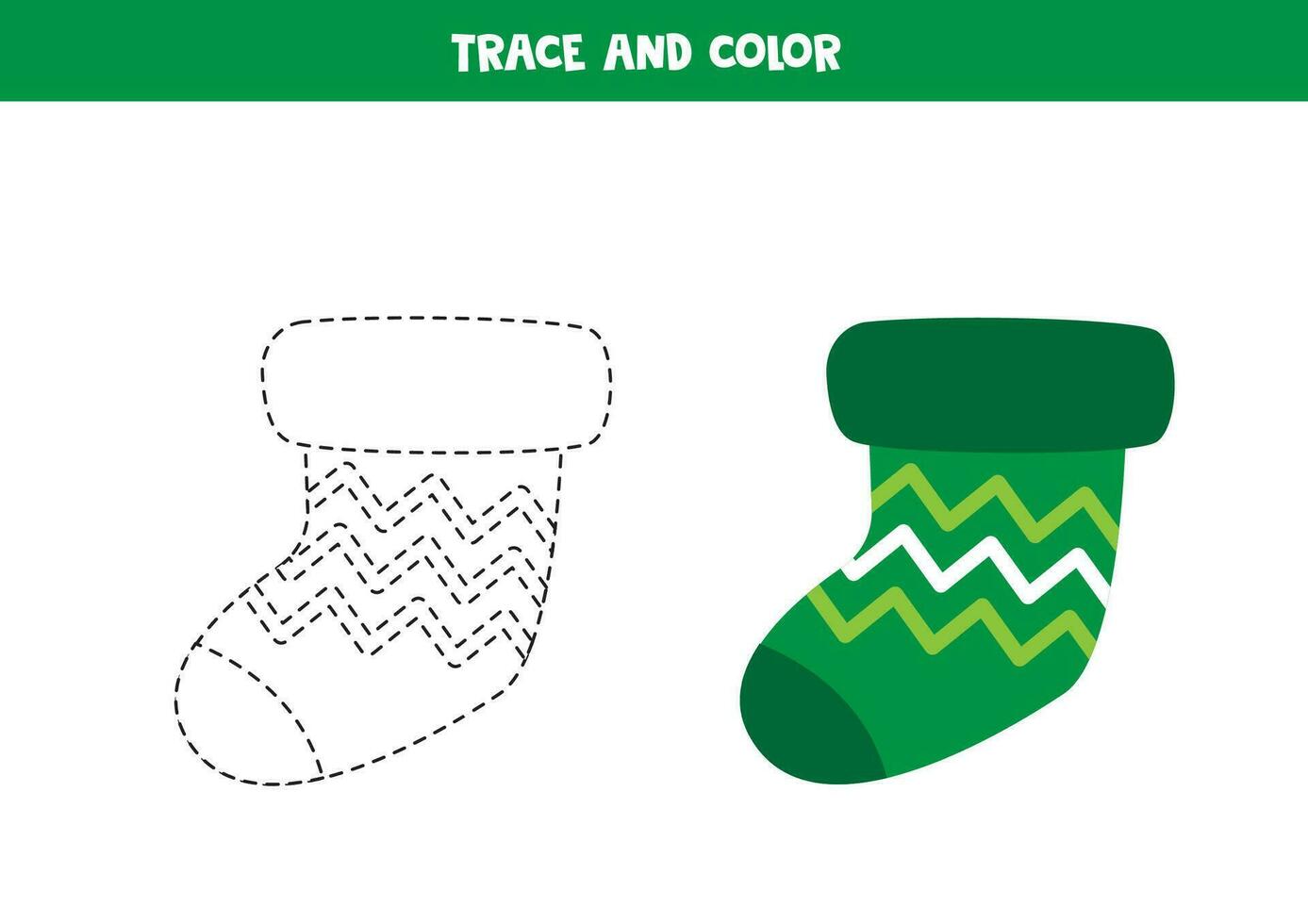 Trace and color cute flat green sock. Worksheet for children. vector