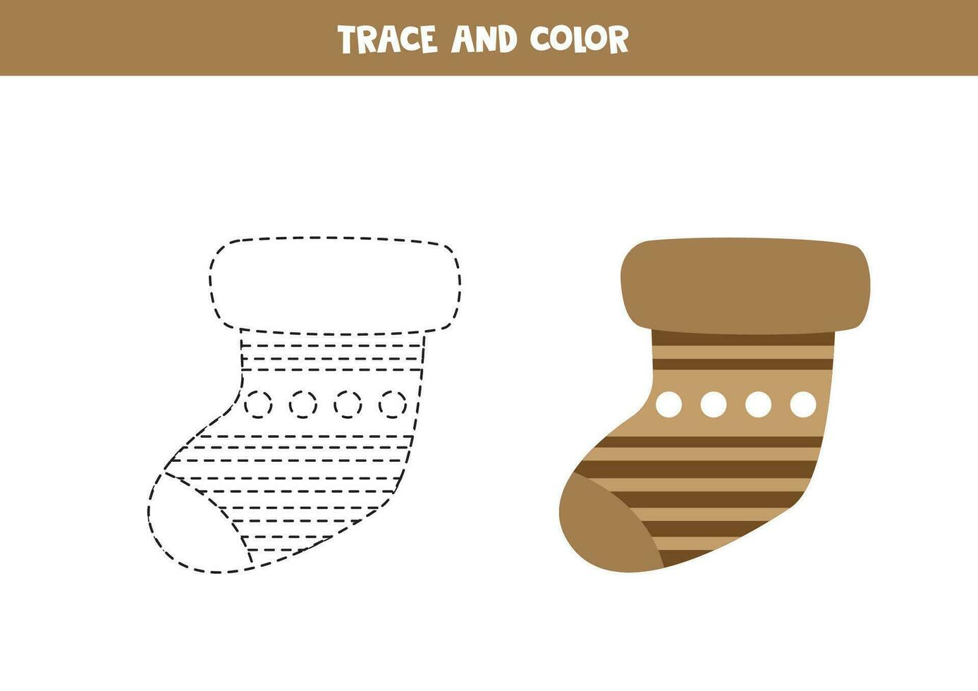 Trace and color cute flat brown sock. Worksheet for children. vector