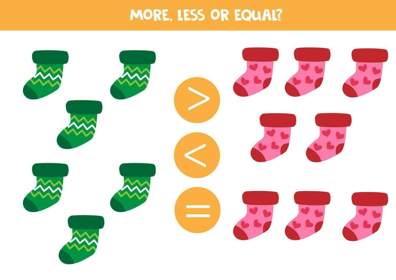 Grater, less or equal with cartoon colorful winter socks. vector