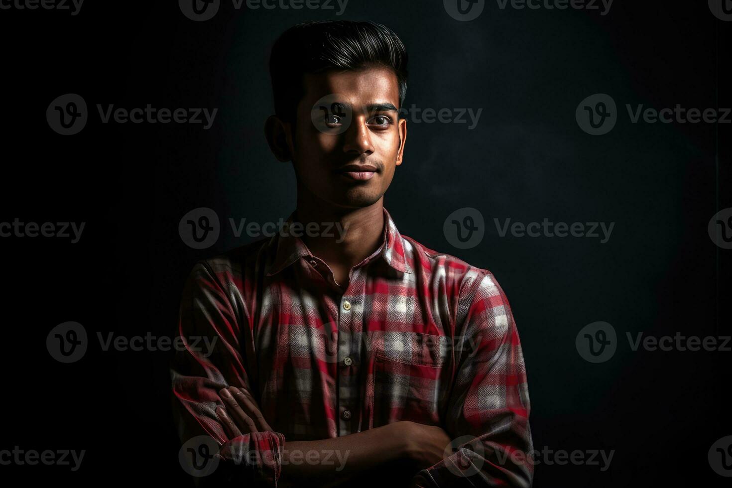 AI generated Portrait of a young man with a red checkered shirt photo