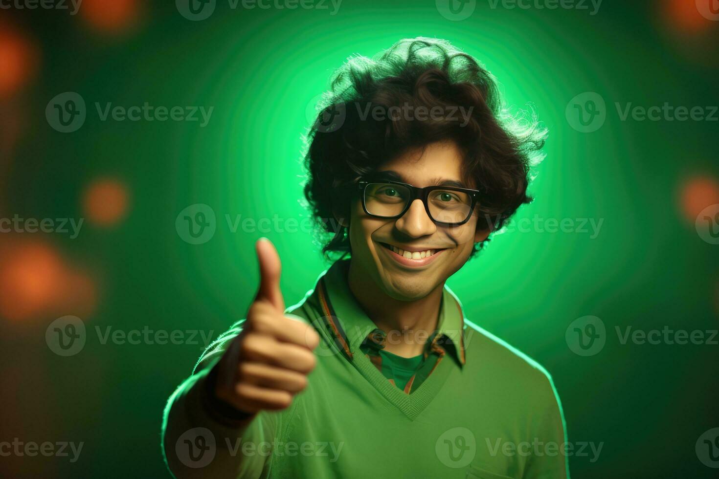 AI generated A man giving a thumbs up gesture in a bright green room. photo