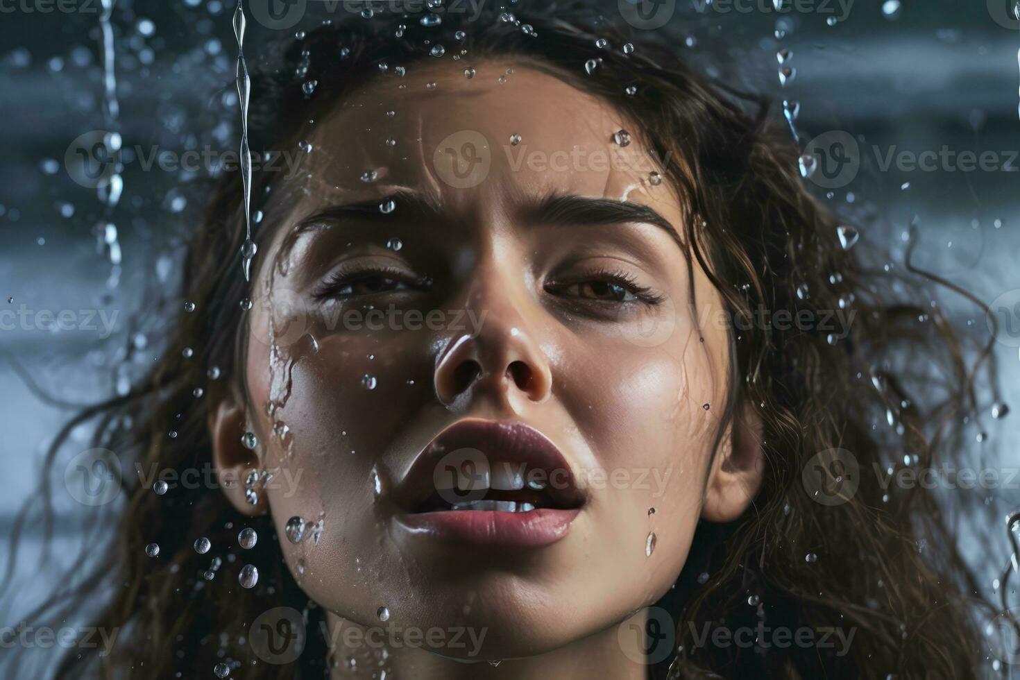 ai generado hermosa mujer con agua gotas en su cara foto