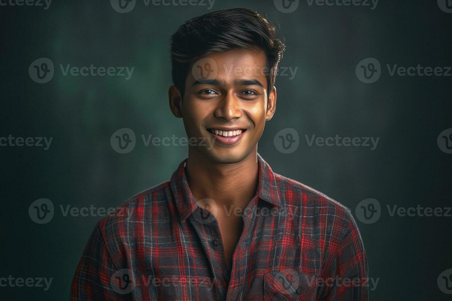 ai generado un sonriente joven hombre en un rojo y negro camisa foto