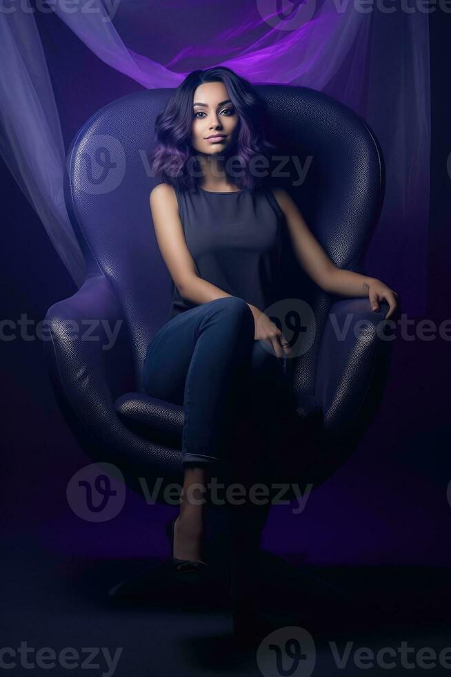 AI generated Beautiful Purple-Haired Woman Posing in a Chair photo