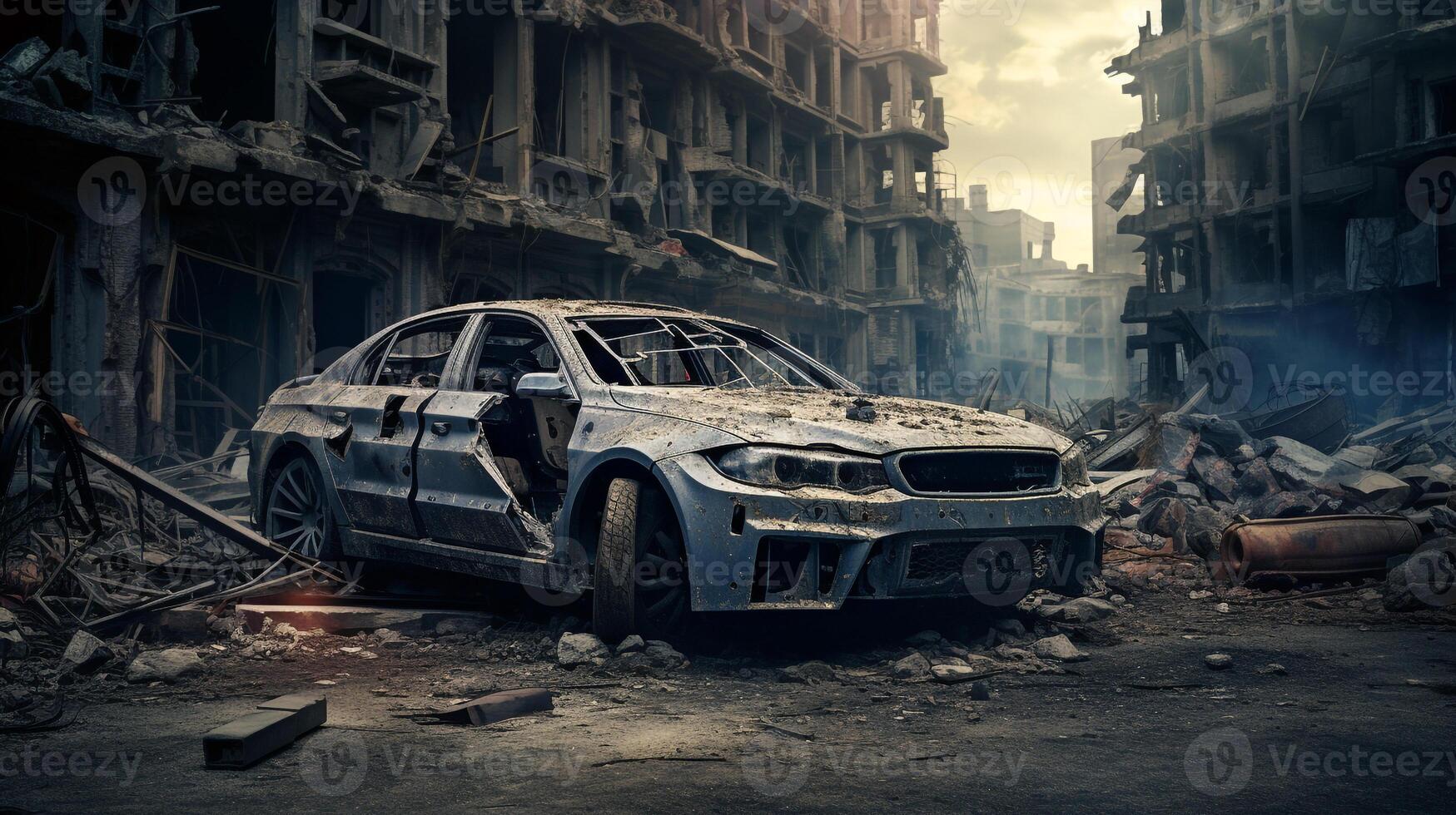 ai generado roto coche en frente de destruido edificio. generativo ai foto