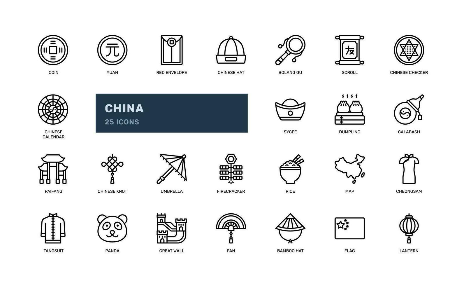 china ancient technology asia oriental tourism detailed outline line icon set vector