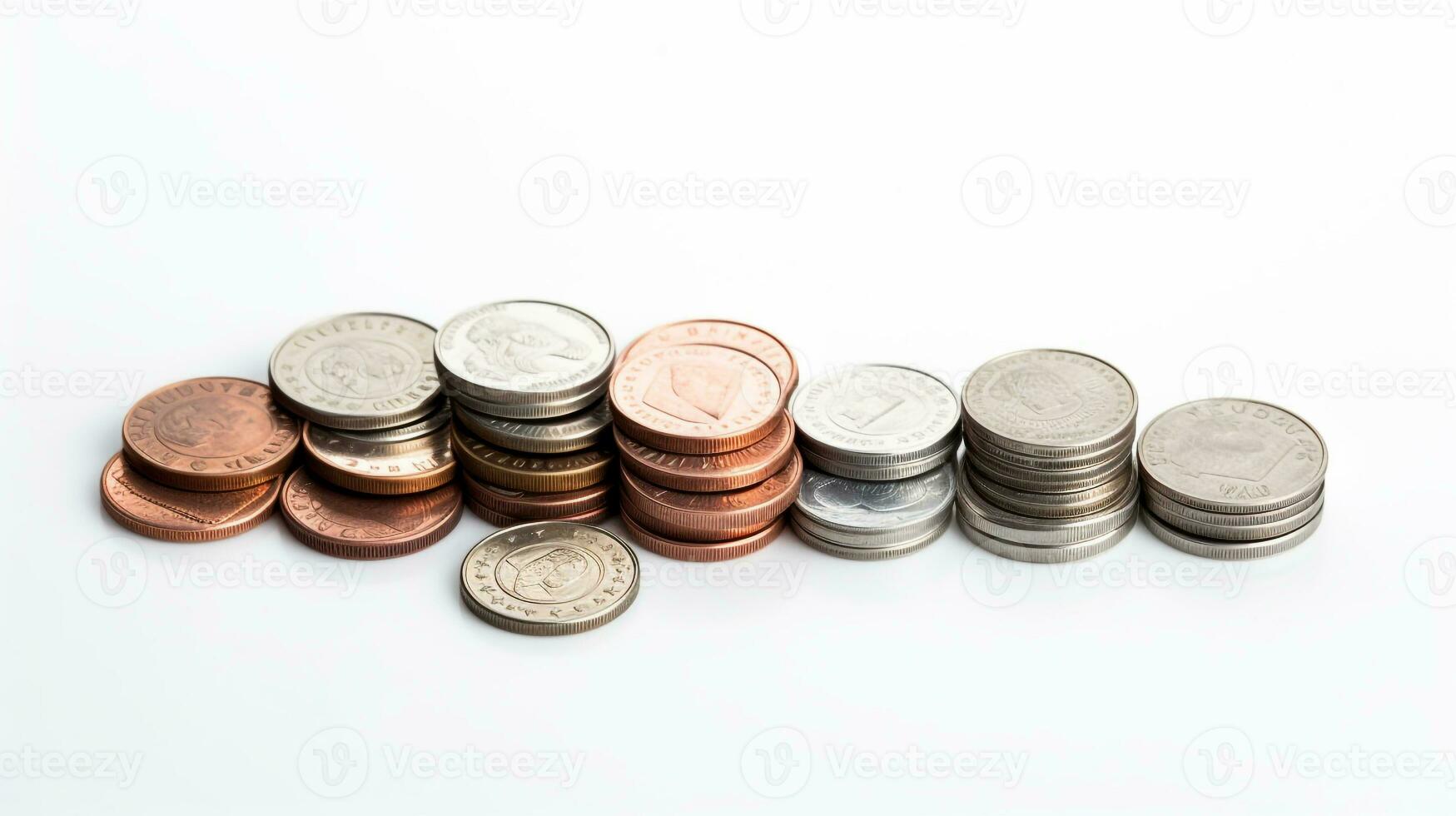 AI generated Photo of coins and banknotes isolated on white background. Generative AI
