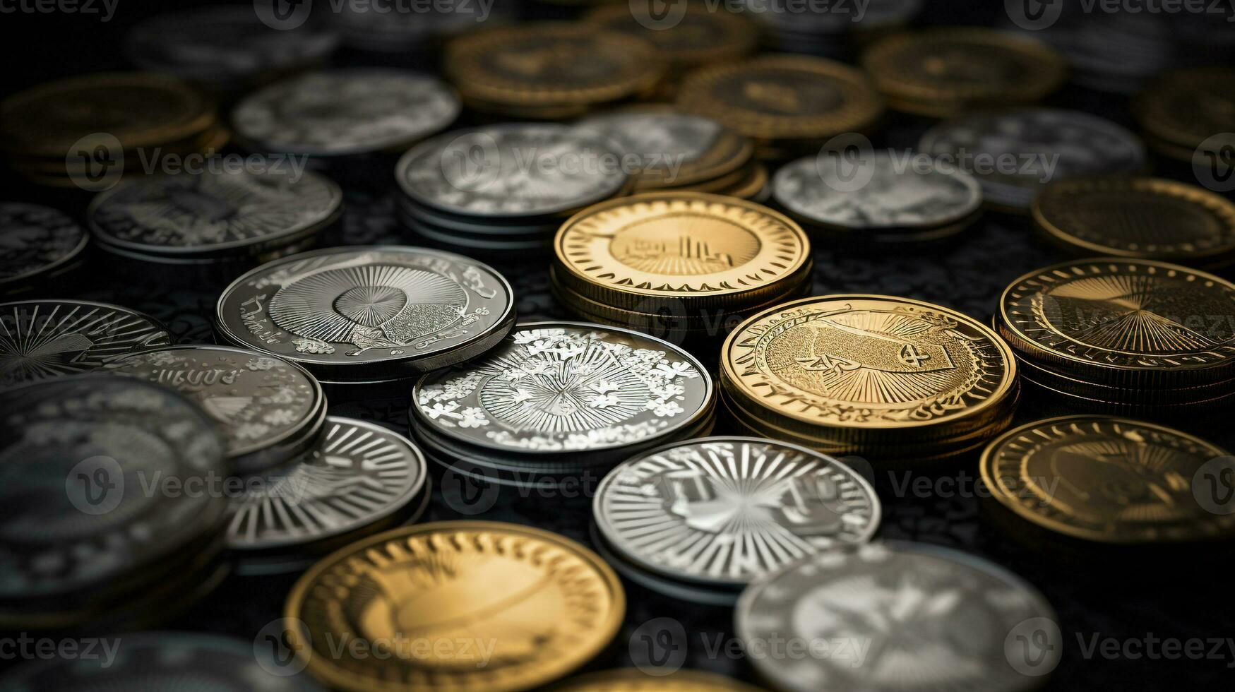 AI generated Photo of a set of gold and silver coins arranged. Generative AI