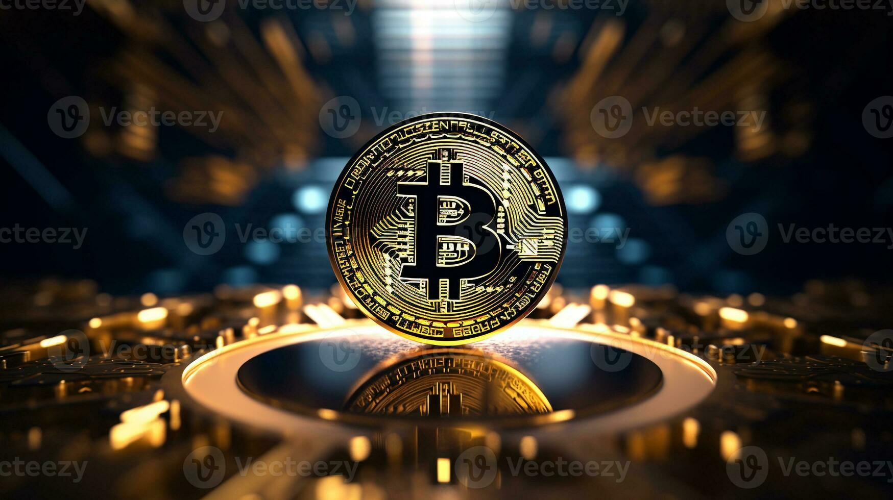 AI generated Photo of a golden bitcoin resting on a futuristic surface. Generative AI