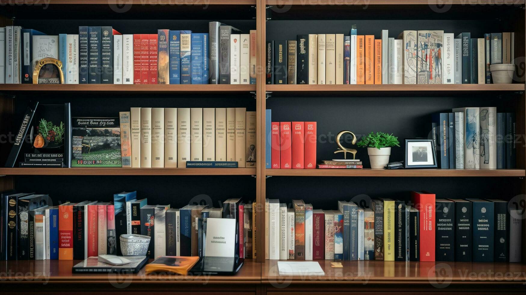 AI generated Photo of a financial analysts bookshelf with literature. Generative AI