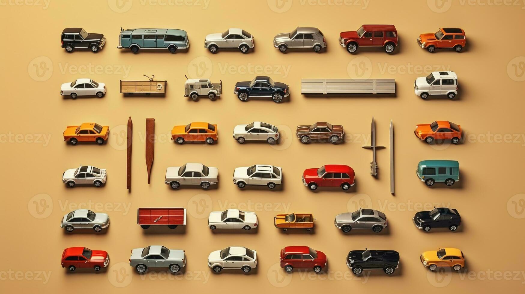 AI generated beautiful arrangement of miniature of cars on table. Generative AI photo