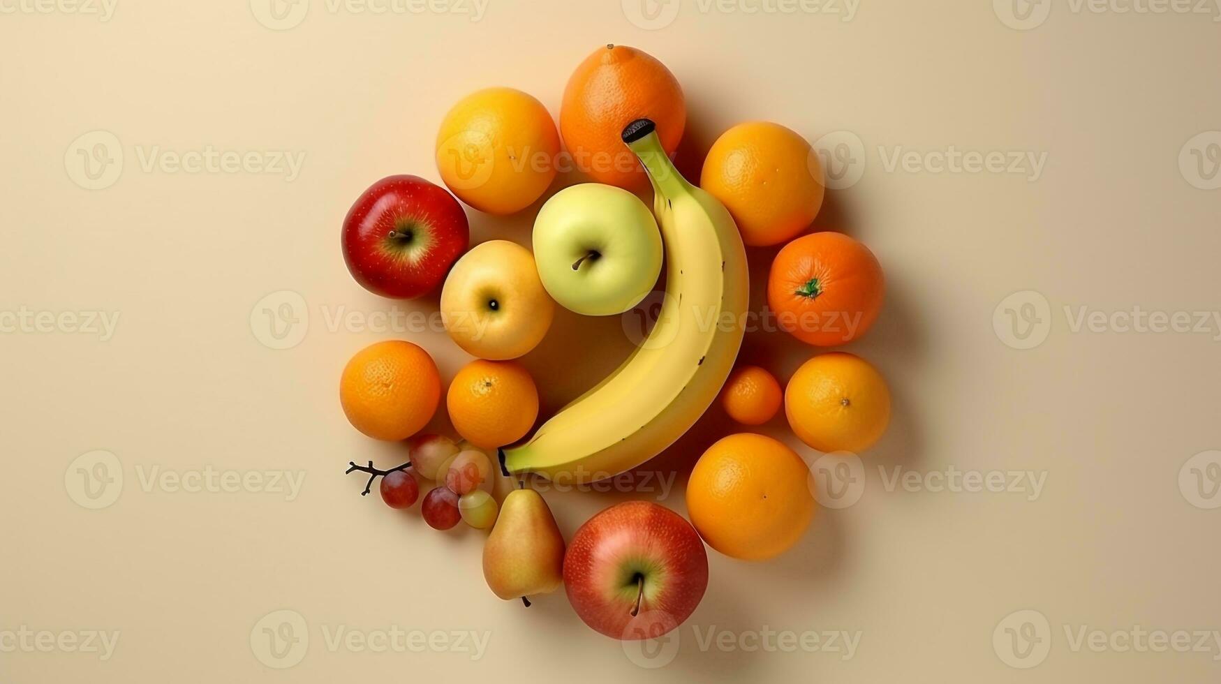 AI generated beautiful arrangement of orange, apple, pear, banana, and grape on table. Generative AI photo