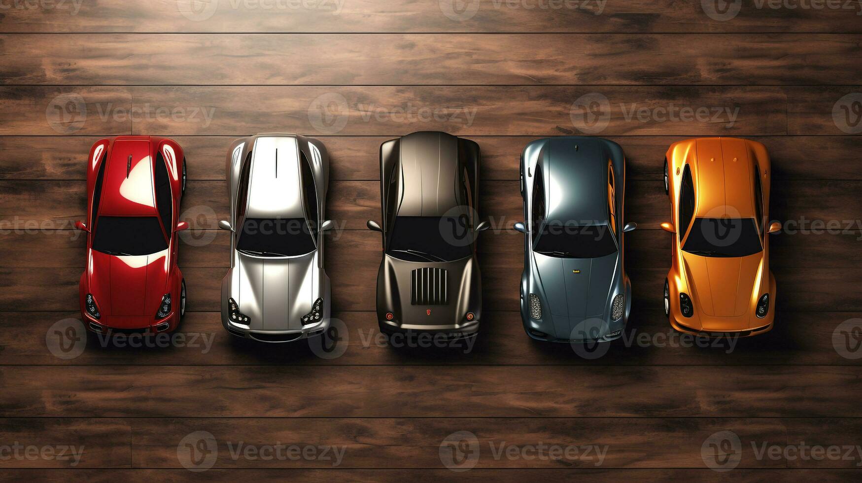 AI generated beautiful arrangement of miniature of five sport cars on table. Generative AI photo