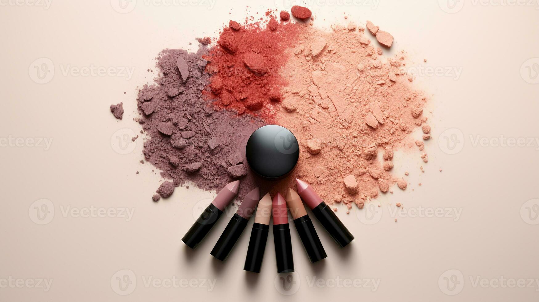 AI generated beautiful arrangement of powder and five lipsticks on table. Generative AI photo