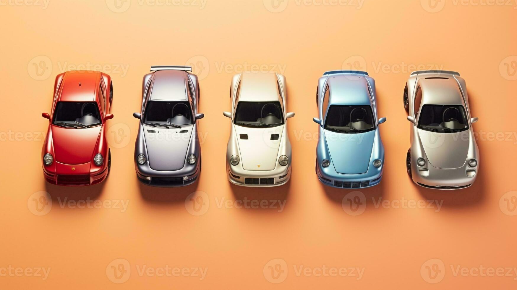 AI generated beautiful arrangement of miniature of five sport cars on table. Generative AI photo