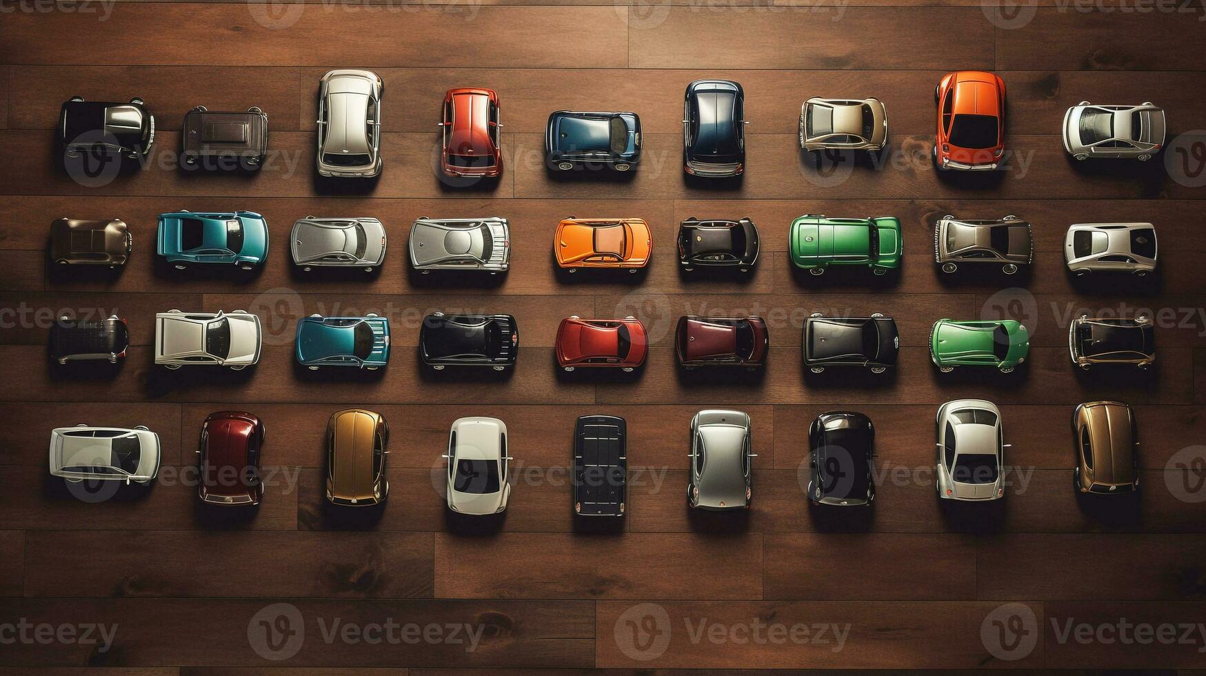 AI generated beautiful arrangement of miniature of cars on table. Generative AI photo