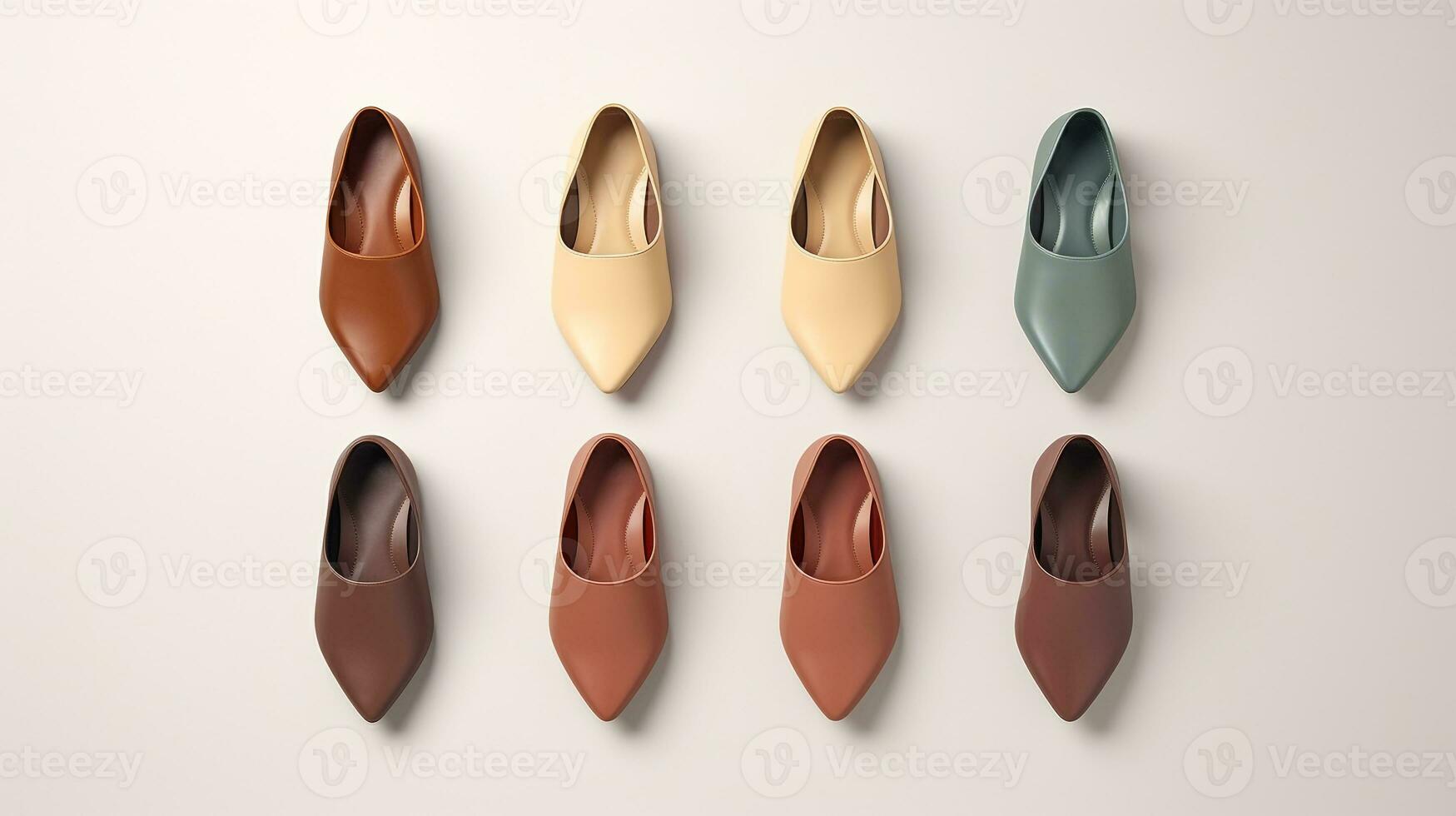 AI generated beautiful arrangement of four pairs of flat shoes on table. Generative AI photo