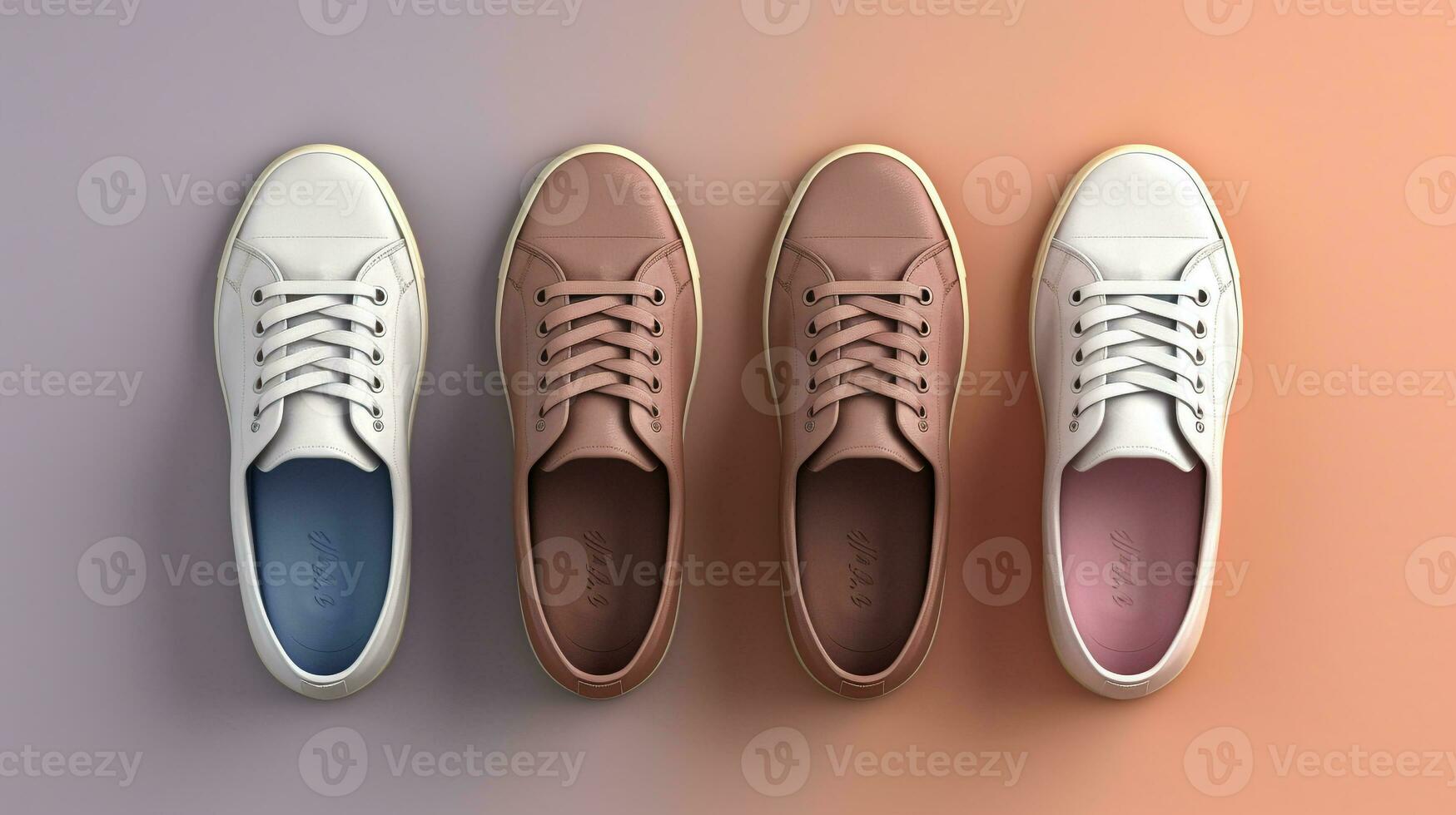 AI generated beautiful arrangement of four pairs of sneakers on table. Generative AI photo