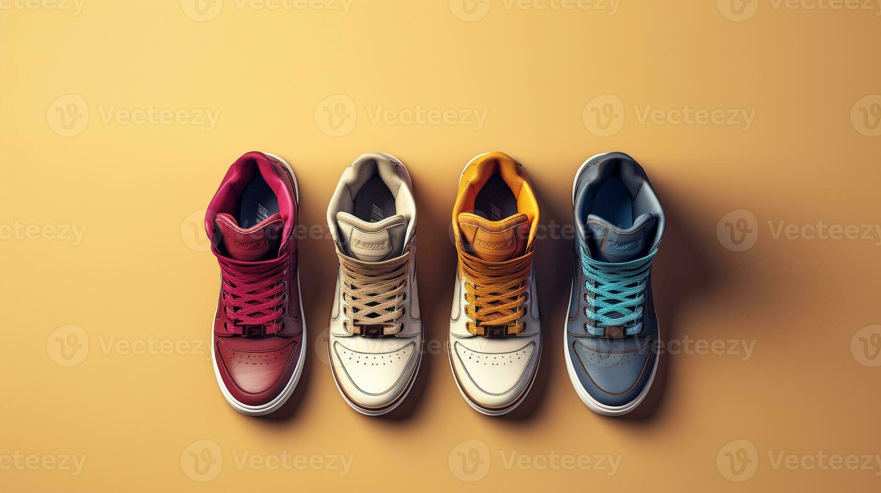 AI generated beautiful arrangement of four pairs of sneakers on table. Generative AI photo