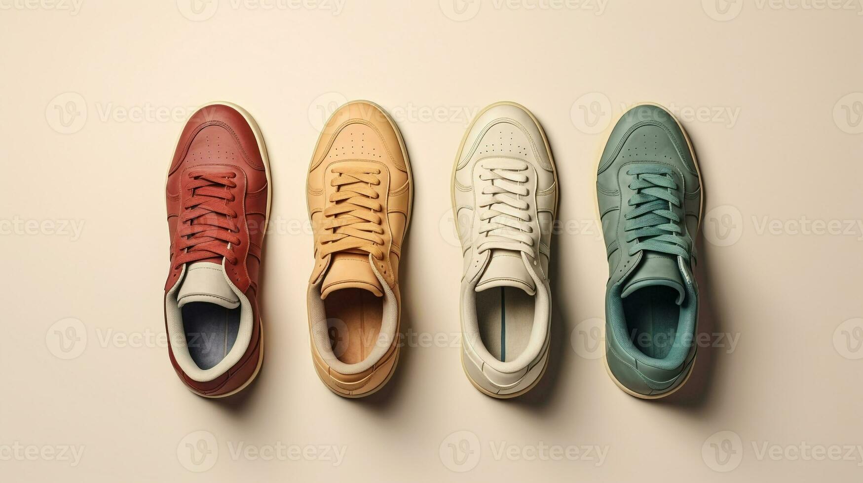 AI generated beautiful arrangement of four pairs of sneakers on table. Generative AI photo