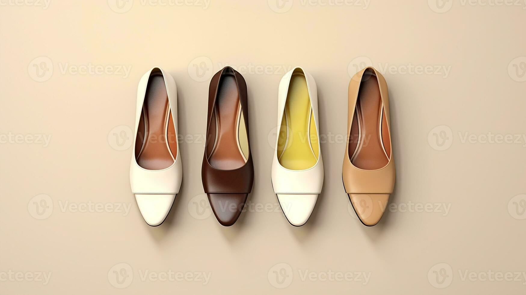 AI generated beautiful arrangement of four pairs of flat shoes on table. Generative AI photo