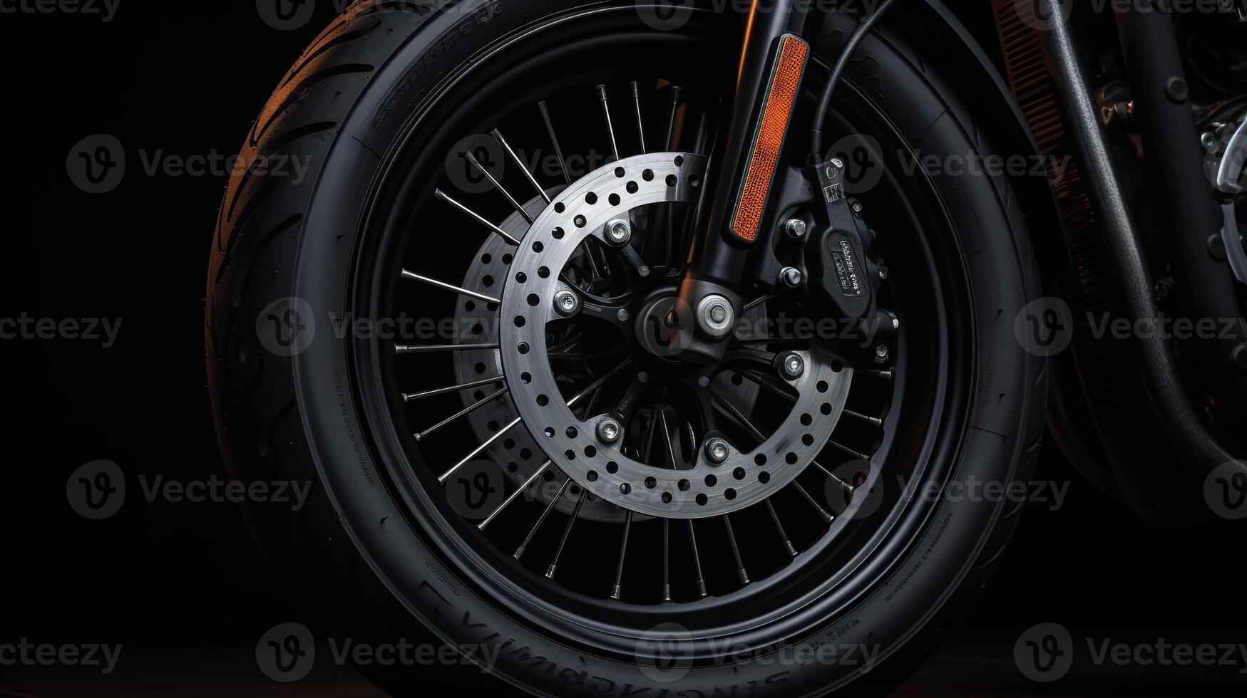 AI generated a close-up shot of a harley-davidson sportster's front wheel and tire tread. Generative AI photo