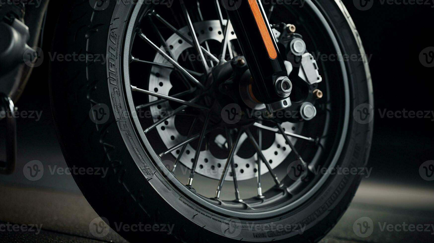 AI generated a close-up shot of a harley-davidson sportster's front wheel and tire tread. Generative AI photo