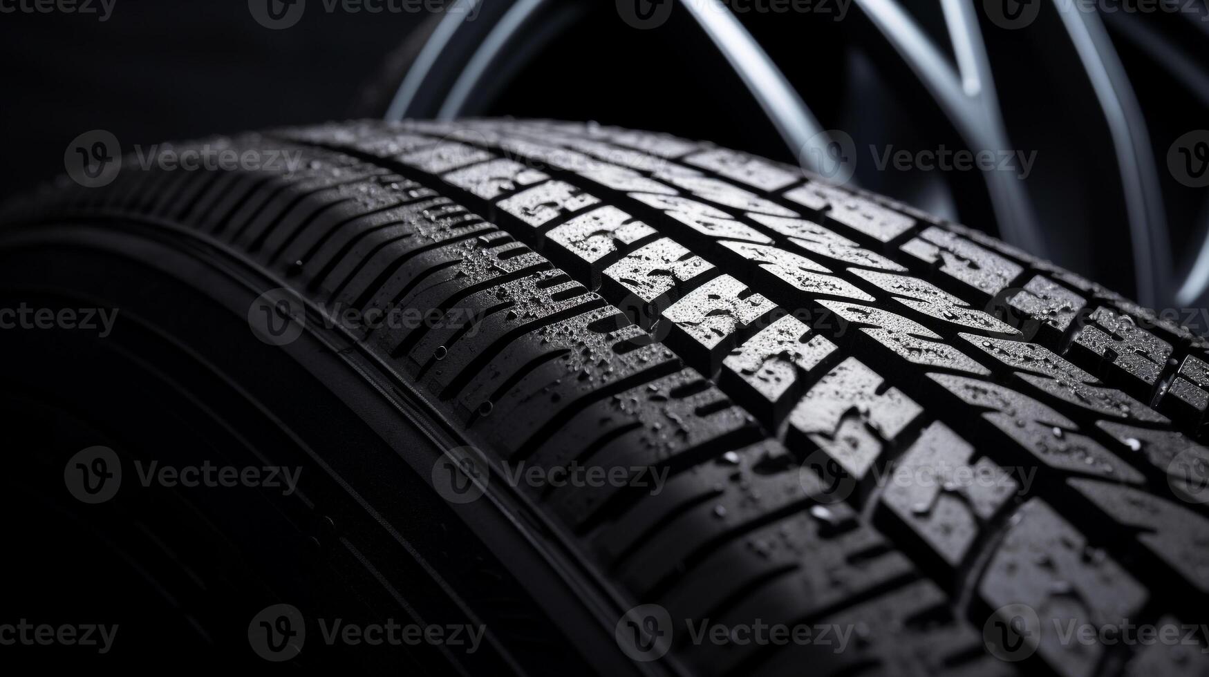 AI generated a close-up shot of a sport car's front wheel and tire tread. Generative AI photo