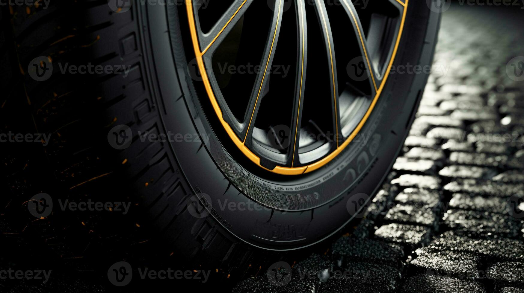 AI generated a close-up shot of a sport car's front wheel and tire tread. Generative AI photo