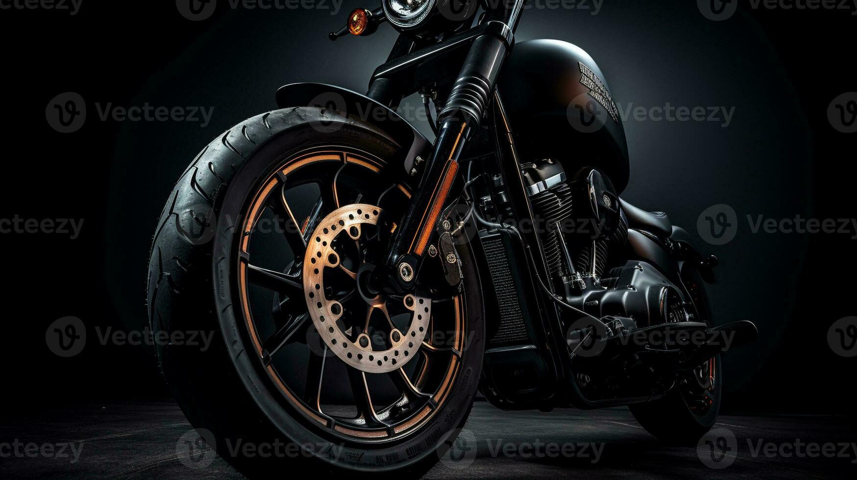 AI generated a close-up shot of a harley-davidson sportster's front wheel and tire tread. Generative AI photo